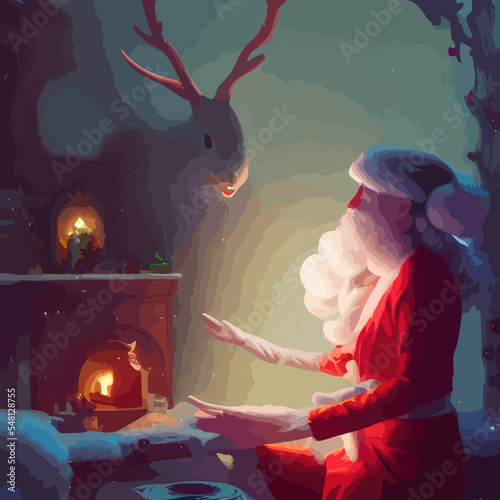 Portrait of Santa Claus. Festive interior in a wooden house, New Year's cheerful mood Spirit of Christmas.