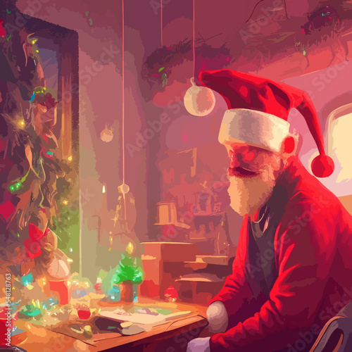 Portrait of Santa Claus. Festive interior in a wooden house, New Year's cheerful mood Spirit of Christmas.