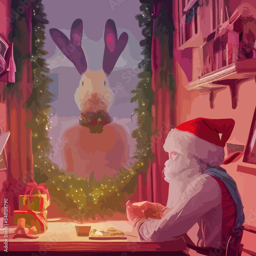 Santa Claus. Festive interior in a wooden house, New Year's cheerful mood Spirit of Christmas. 2023