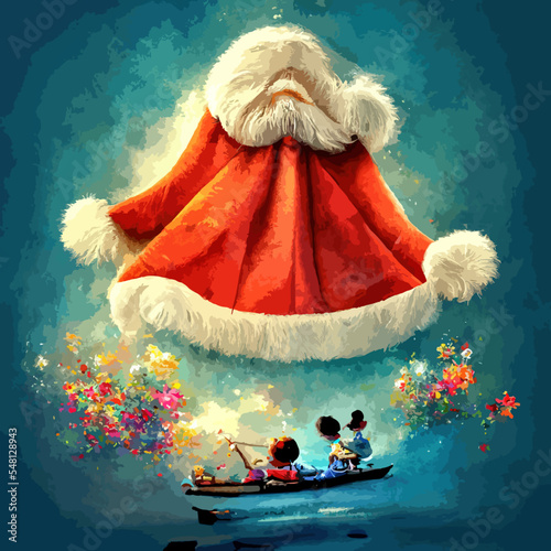 Santa Claus. Festive interior in a wooden house, New Year's cheerful mood Spirit of Christmas. 2023