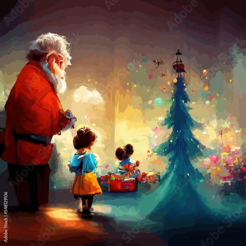 Santa Claus. Festive interior in a wooden house, New Year's cheerful mood Spirit of Christmas. 2023