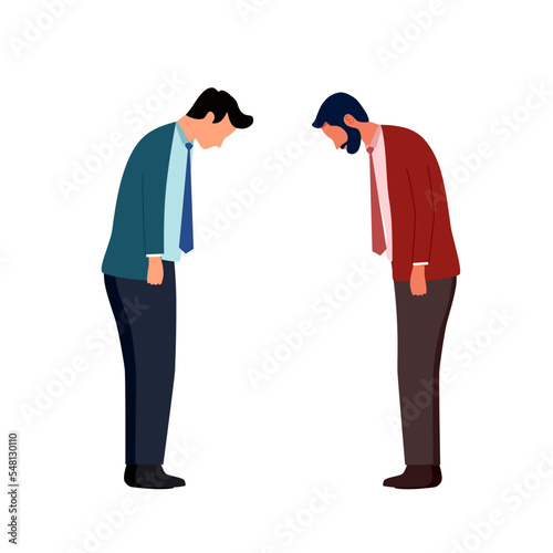 Two guys bowing head and greeting. Thankful or respect expression. Asian polite greeting.