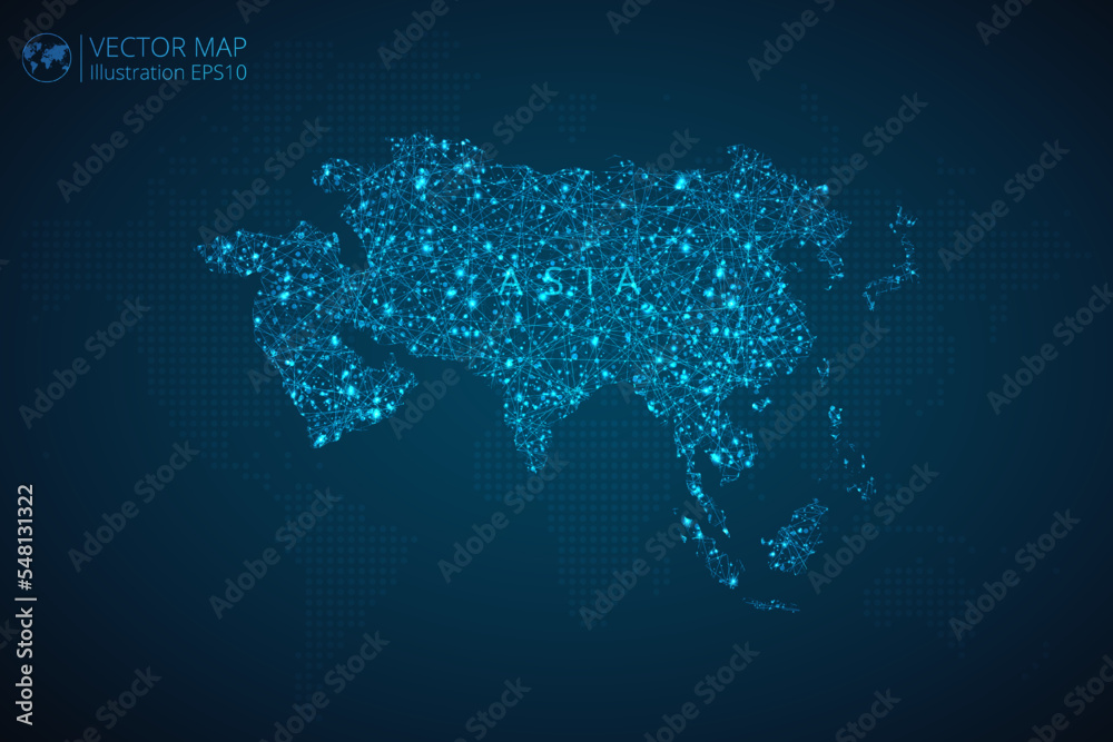 Map of Asia Continent modern design with abstract digital technology mesh polygonal shapes on dark blue background. Vector Illustration Eps 10.