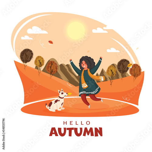 Fall Season Sunlight Background With Cheerful Young Girl And Dog Illustration For Hello Autumn Concept.