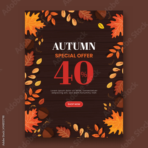 Autumn Sale Flyer Design With Autumnal Leaves And Acorn Decorated On Brown Wooden Texture Background.