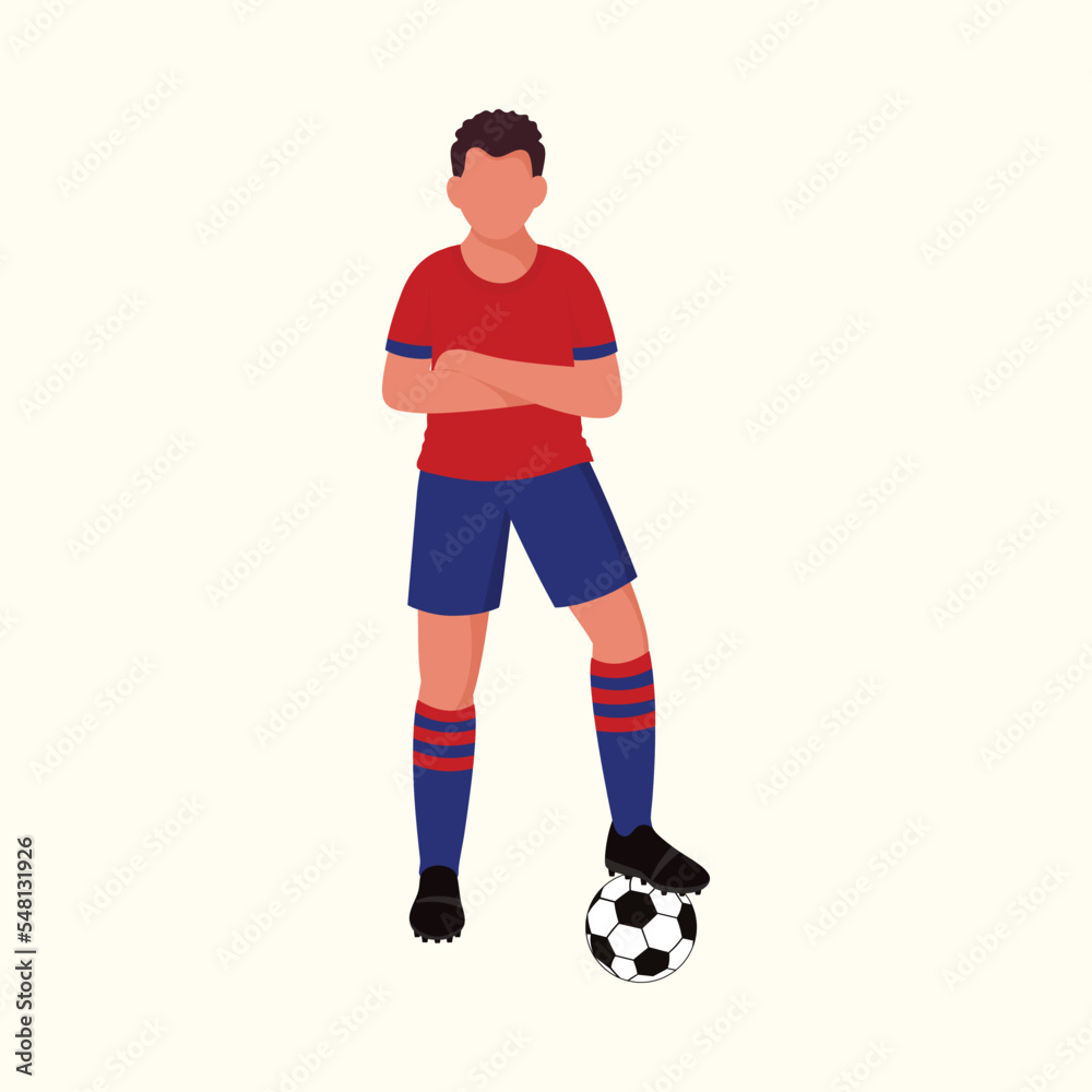 Faceless Soccer Player Standing With One Foot On Ball Against Cosmic Latte Background.