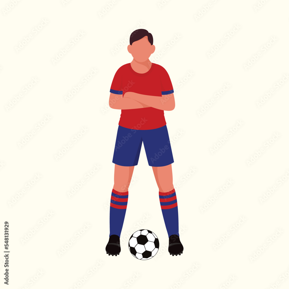 Faceless Soccer Player Standing With Football Against Cosmic Latte Background.