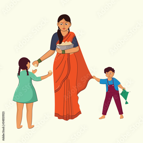 Indian Woman Giving Ladoo (Sweet) To Kids On Pastel Yellow Background.