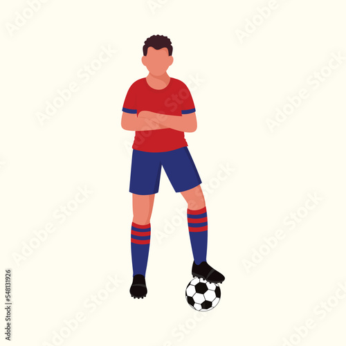 Faceless Soccer Player Standing With One Foot On Ball Against Cosmic Latte Background.