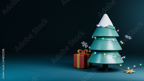 3D Render Xmas Tree Decorated By Lighting Garland With Gift Box, Star, Snowflakes And Copy Space On Teal Blue Background.