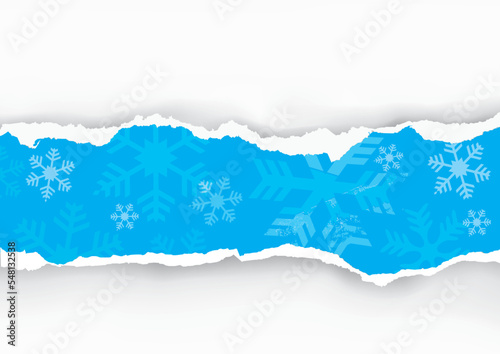 
Christmas torn paper stripe with snowflakes.
Illustration of christmas blue paper background with place for your text or image. Vector available.