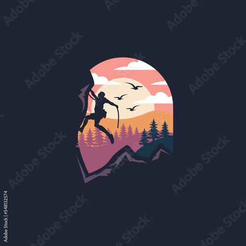 Mountain climber vector logo design illustration
