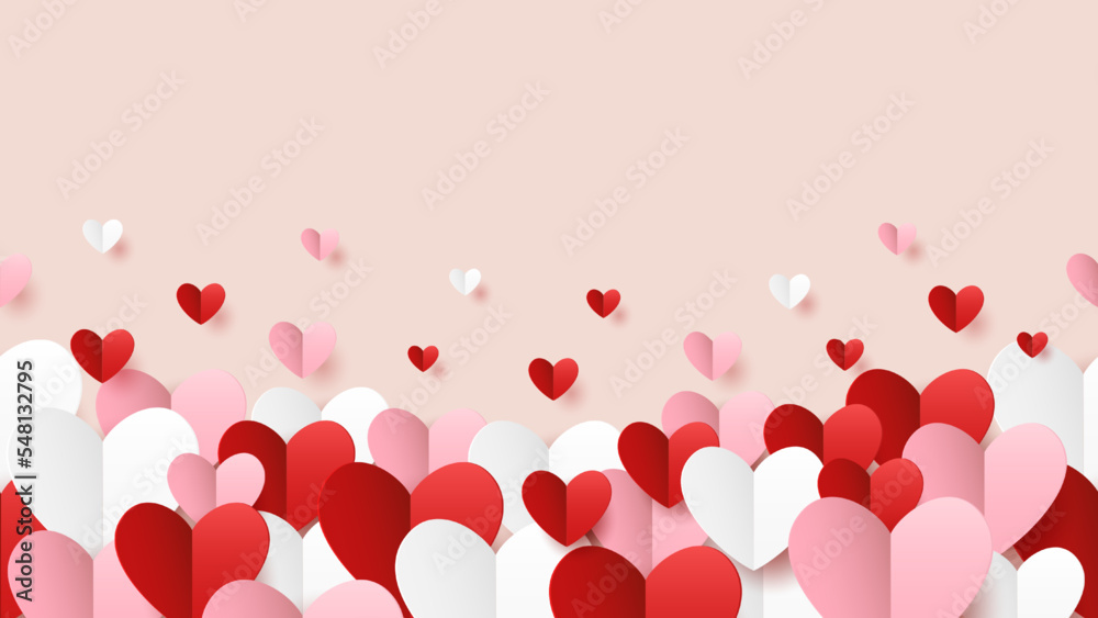 Seamless background design for Valentine's Day with red, pink, and white paper hearts.