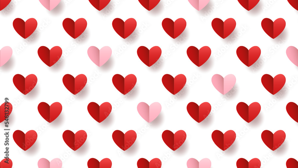 Seamless background with many red and pink paper hearts floating on white background.