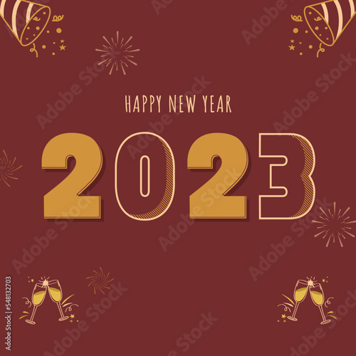 2023 Happy New Year Text With Toast Glass, Party Popper And Fireworks On Burnt Umber Background.