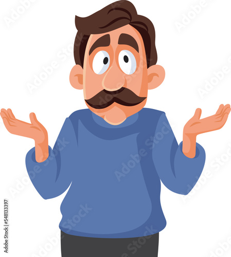 Undecided Middle Aged Man Shrugging Feeling. Confused Vector Cartoon. Stressed doubtful person raising his shoulders asking questions
