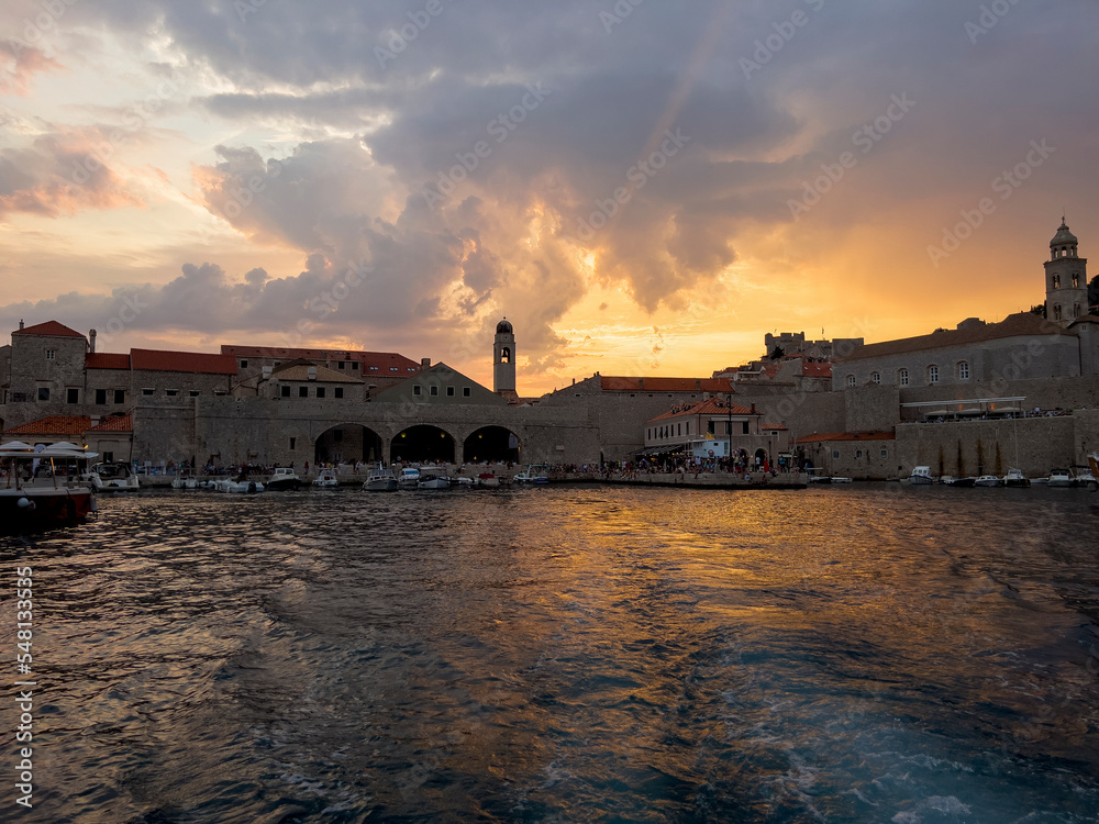 The historic city of Dubrovnik at sunset.