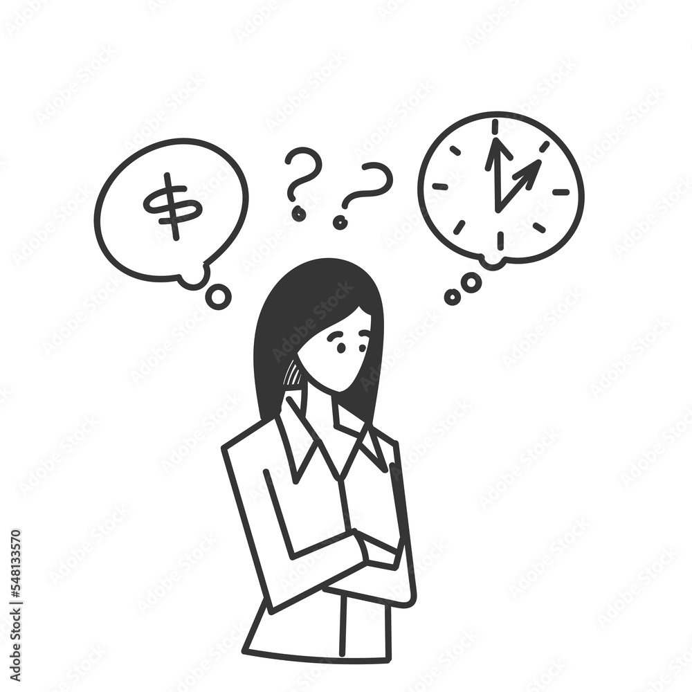 hand drawn doodle business woman confused to choose between money and time illustration hand drawn doodle business woman confused to choose between money and time illustration