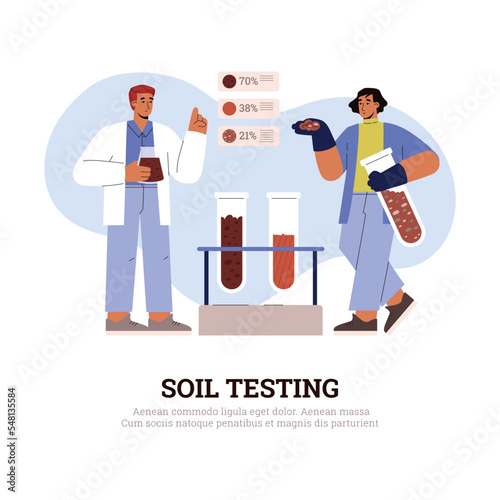 Scientists testing soil samples in flasks, flat vector illustration isolated on white background.