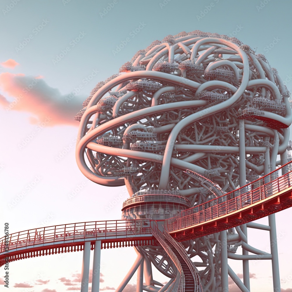 The brain synthesizes the track of the roller coaster. Illustration about the brain. Made by AI