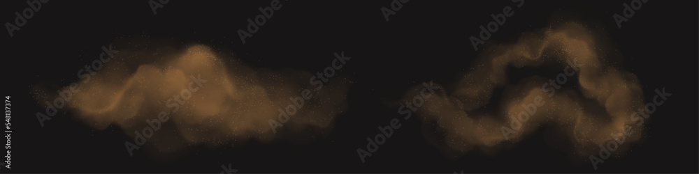Brown dust clouds with sand and dirt particles isolated on black background. Texture of powder splashes and flows. Abstract smoke and dust splatters, vector realistic set