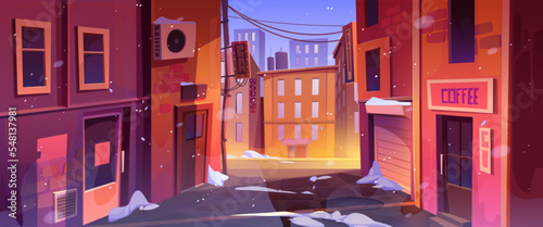 Quiet winter city street corner urban cityscape background with snow, buildings. cafe door, windows, old walls and view on central illuminated road and dusk evening sky, Cartoon vector illustration