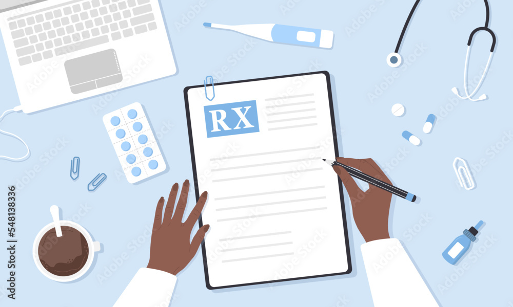 Medical prescription drugs. African therapist writing recipe for patient. Top view doctor workplace with lists, pills and stethoscope. Pharmacy control. Vector illustration in flat cartoon style. Medical prescription drugs. African therapist writing recipe for patient. Top view doctor workplace with lists, pills and stethoscope. Pharmacy control. Vector illustration in flat cartoon style.