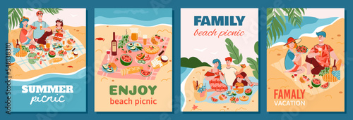 Posters for summer family picnic on the beach, flat vector illustration.