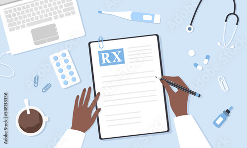 Medical prescription drugs. African therapist writing recipe for patient. Top view doctor workplace with lists, pills and stethoscope. Pharmacy control. Vector illustration in flat cartoon style.