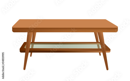 Coffee table for the living room. Wooden table with glass shelf. Vector illustration. Isolated objects on a white background.
