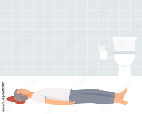 An aelderly adult is falling and bleeding on his head in bathroom. flat vector illustration.	
