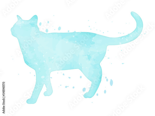 Watercolor pastel cat with splatter silhouette painting clipart