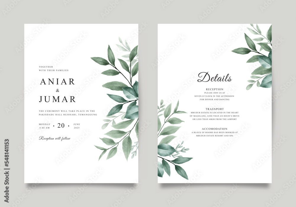 Double sided wedding invitation template with watercolor foliage