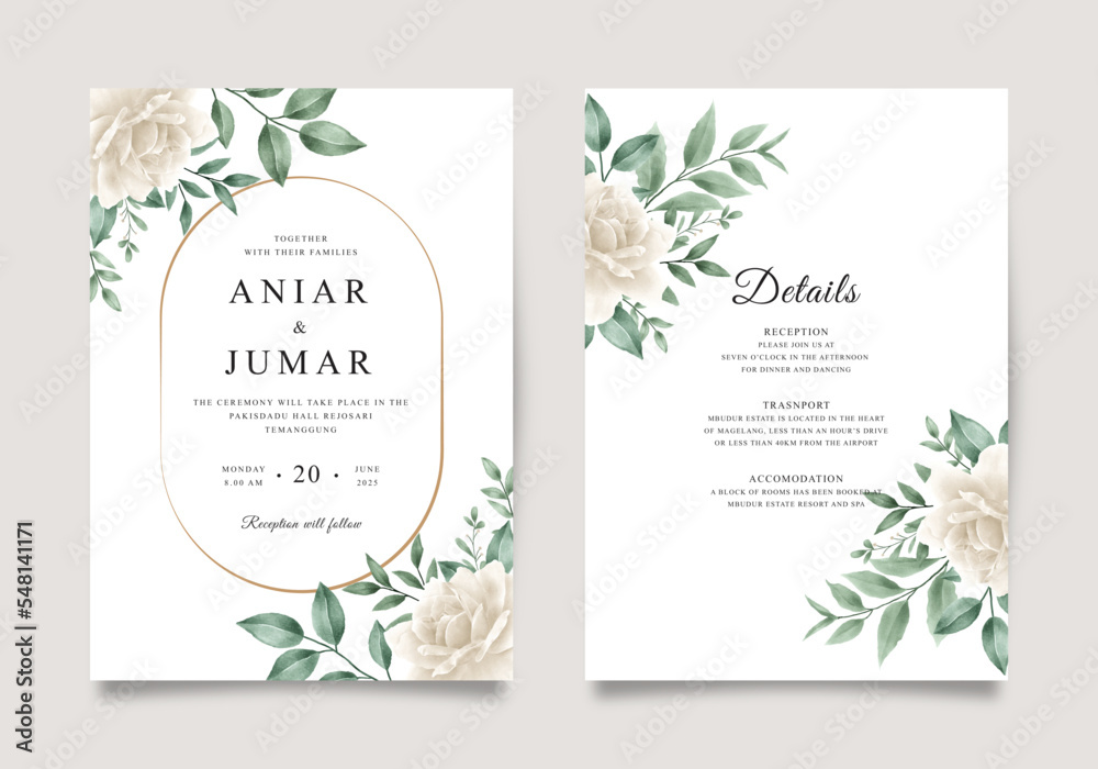 Beautiful wedding invitation set with roses and green leaves