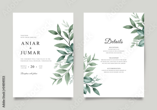 Double sided wedding invitation template with watercolor foliage
