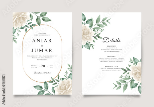 Beautiful wedding invitation set with roses and green leaves