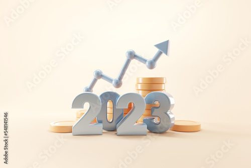 New year 2023 number with Stack of coins and growth graph. New year financial and saving money concept. 3d rendering illustration photo