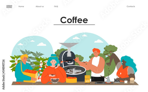 Coffee production farm vector landing page mockup