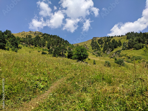Beautiful view of the Caucasus Mountains and green meadows against a blue sky with clouds. Nature concept. Arkhyz, Karachay-Cherkessia, Russia