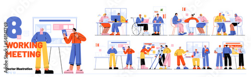 Set of business people discuss project in office. Employees meeting, disputing, communicate. Healthy and disabled colleagues team work together on plan development, Linear flat vector illustration