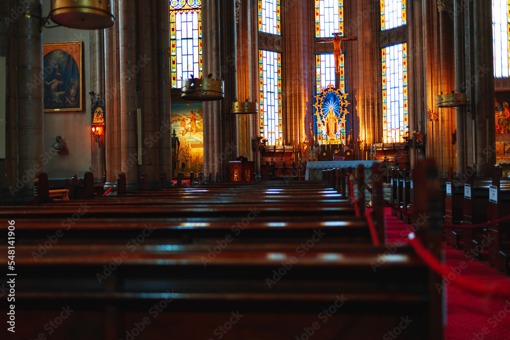 Fototapeta premium Inside view interior of empty Catholic cathedral.