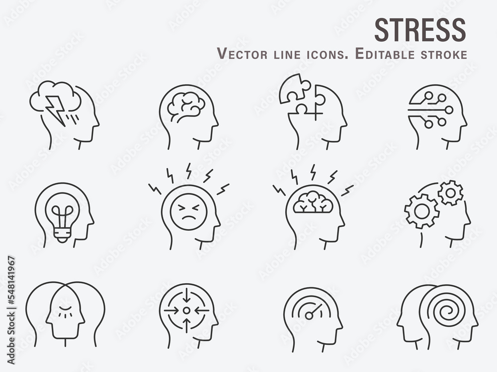 Stress icons, such as anxiety, tension, worry, mental and more. Editable stroke. - obrazy, fototapety, plakaty 