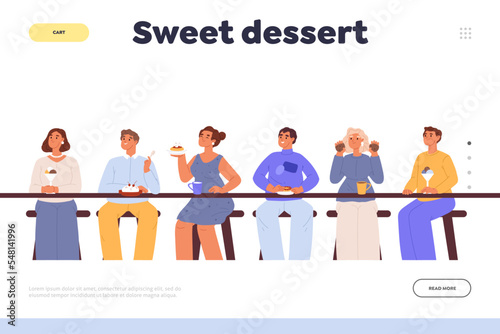 Sweet desserts concept of landing page with people eat cakes, ice cream, cookie and doughnut in cafe