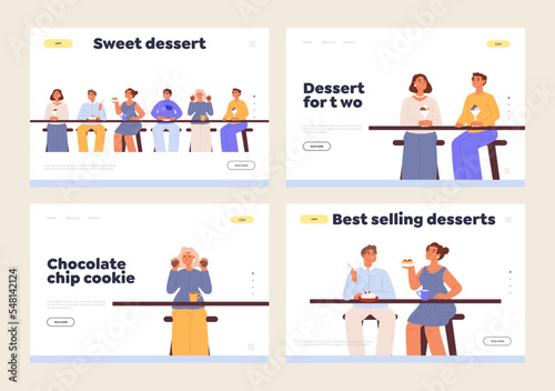 People eating desserts concept of landing pages set with happy men and women enjoy sweets in cafe