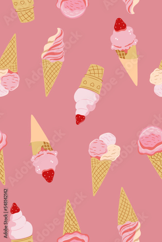 Seamless pink pattern with ice cream. Vector graphics.