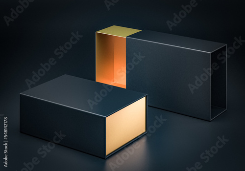 Black and gold Package luxury Cardboard Sliding drawer black Box for small items, matches, and other things. 3d render