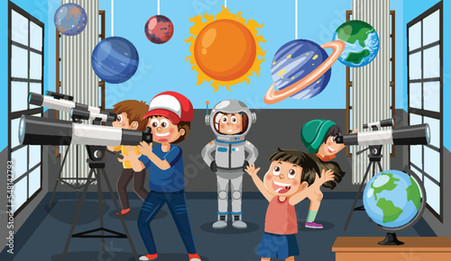 Room scene with kids observing sky
