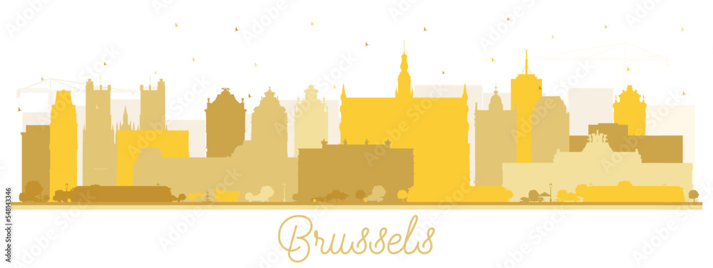 Brussels Belgium City Skyline Silhouette with Golden Buildings Isolated on White.