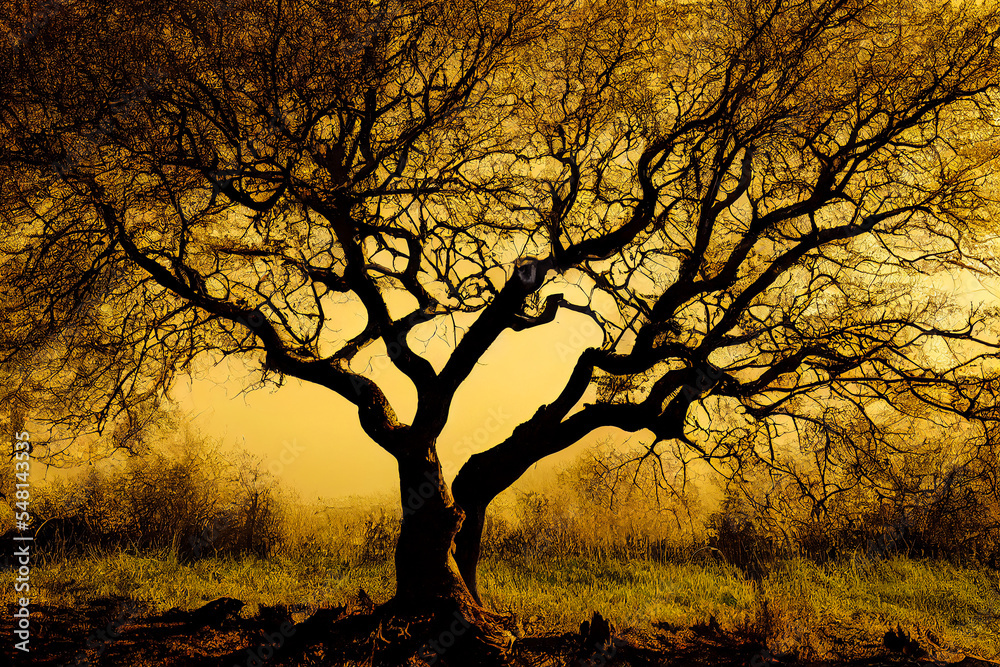 Silhouette of a majestic old tree with many black branches in the background. Sunset and warm light. Silhouette of a majestic old tree with many black branches in the background. Sunset and warm light.