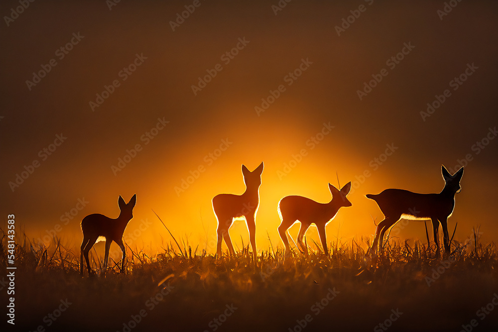 Fototapeta premium A group of deer are silhouetted in the early morning light next to a forest. They look very cute with a warm backlight, waiting for the hunters to appear.